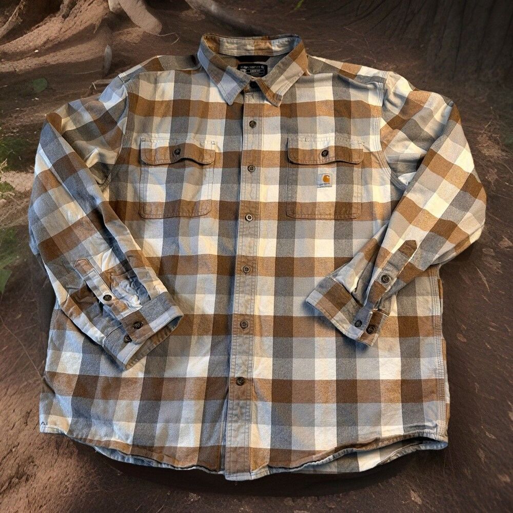 Carhartt Shirt Men XL Loose Fit Heavyweight Flannel Long Sleeve Gray Brown Plaid